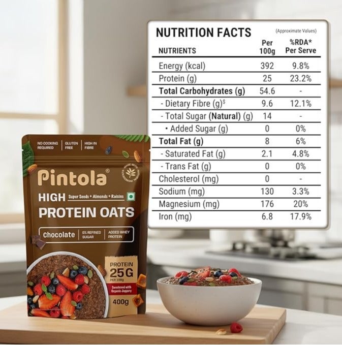 بينتولا شوفان مضاف إليه بروتين مصل اللبن 25 جم، بالشوكولاتة 400 جم | 0% سكر مكرر | خالٍ من الغلوتين | 8 جم ألياف | مع اللوز والزبيب وبذور اليقطين والشيا | إفطار مثالي - Image 2